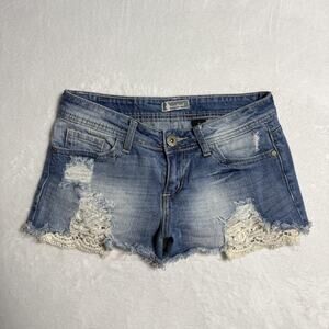 Soundgirl Shorts Juniors 7 Blue Denim Distressed Lace Cut Off Frayed Hem